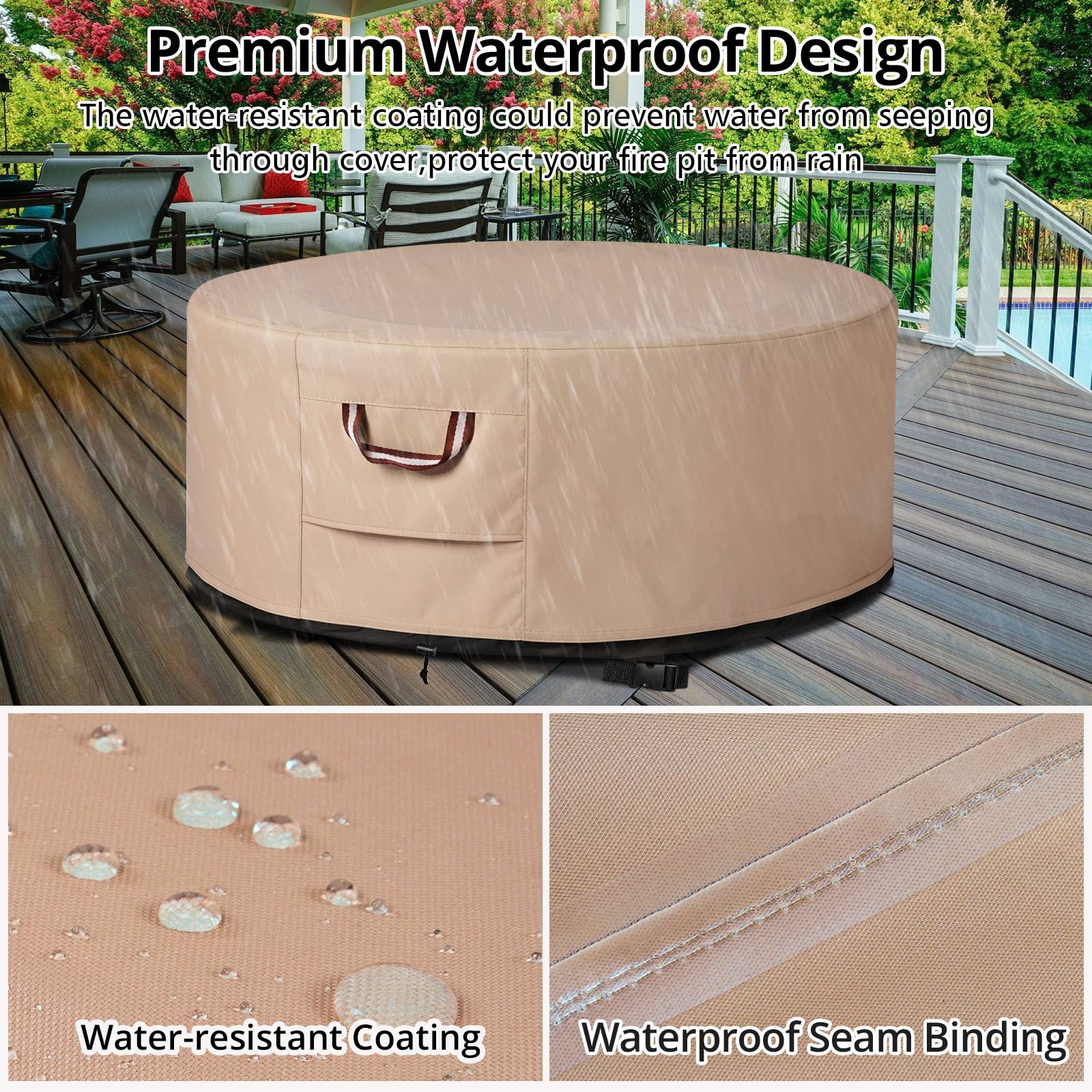 QH.Home Fire Pit Cover Round - 40 Inch 42 Inch 44 Inch Heavy Duty 900D Strong Tear-Resistant and UV Resistant and Waterproof and Fading Resistant Material Polyester Outdoor Firepit Covers -Wheat