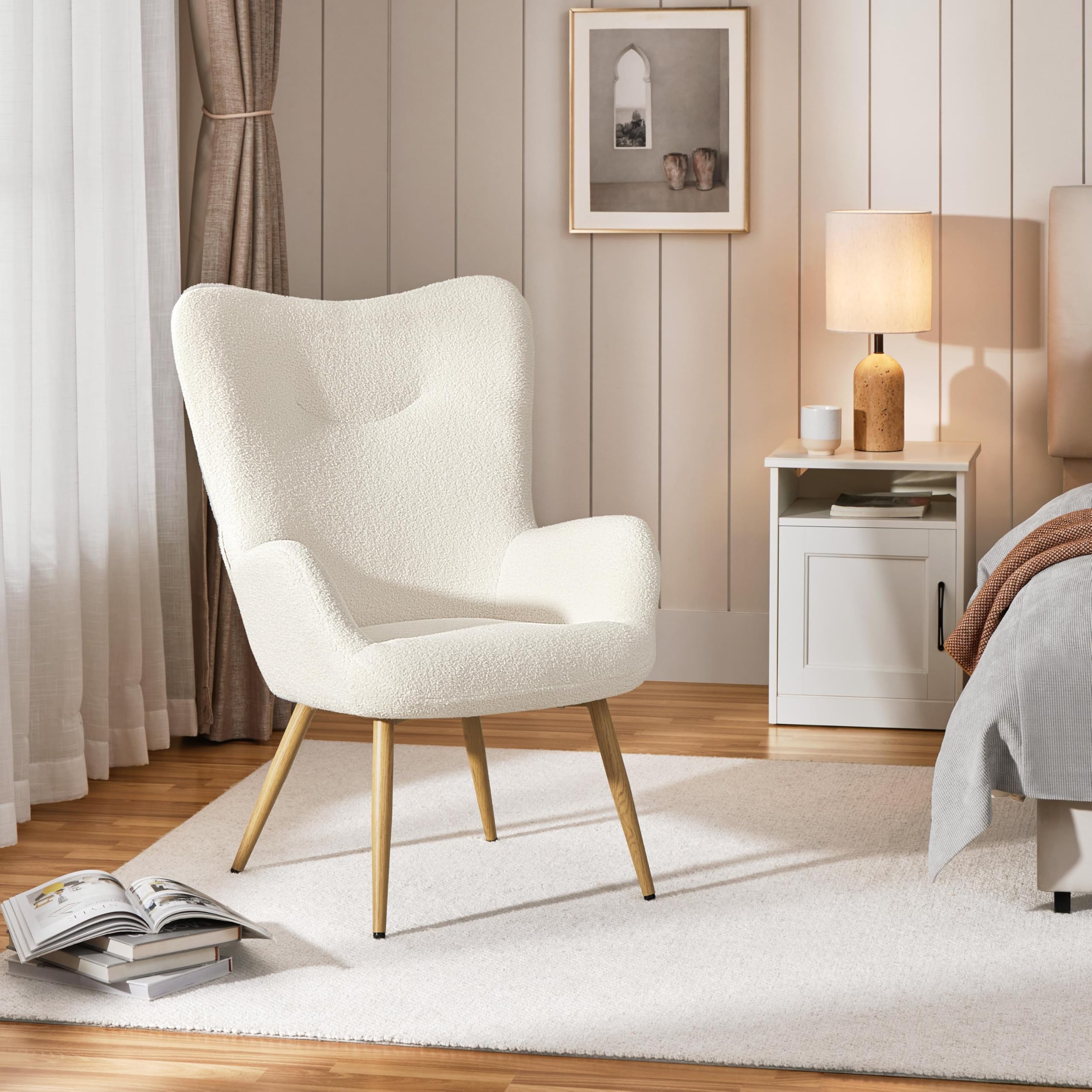 Yaheetech Ohrensessel eleganter Armsessel Polsterstuhl mit klappbare Rückenlehne Lehnsessel bis 136 kg belastbar Sessel fürs Wohnzimmer/Schlafzimmer Elfenbein