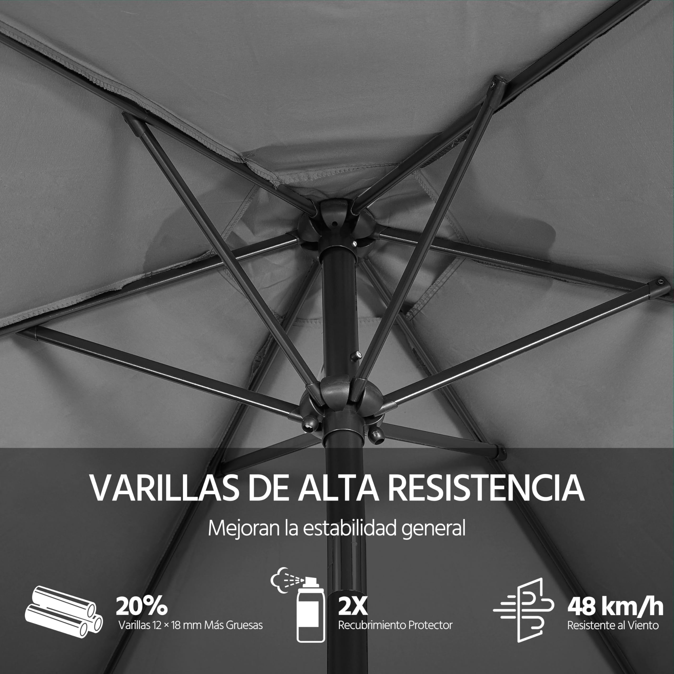 Yaheetech Sombrilla de Jardín con Manivela Inclinable Ø270x241cm Protección UV Columna de Hierro 6 Varillas de Metal para Terraza Exterior Balcón sin Soporte Gris