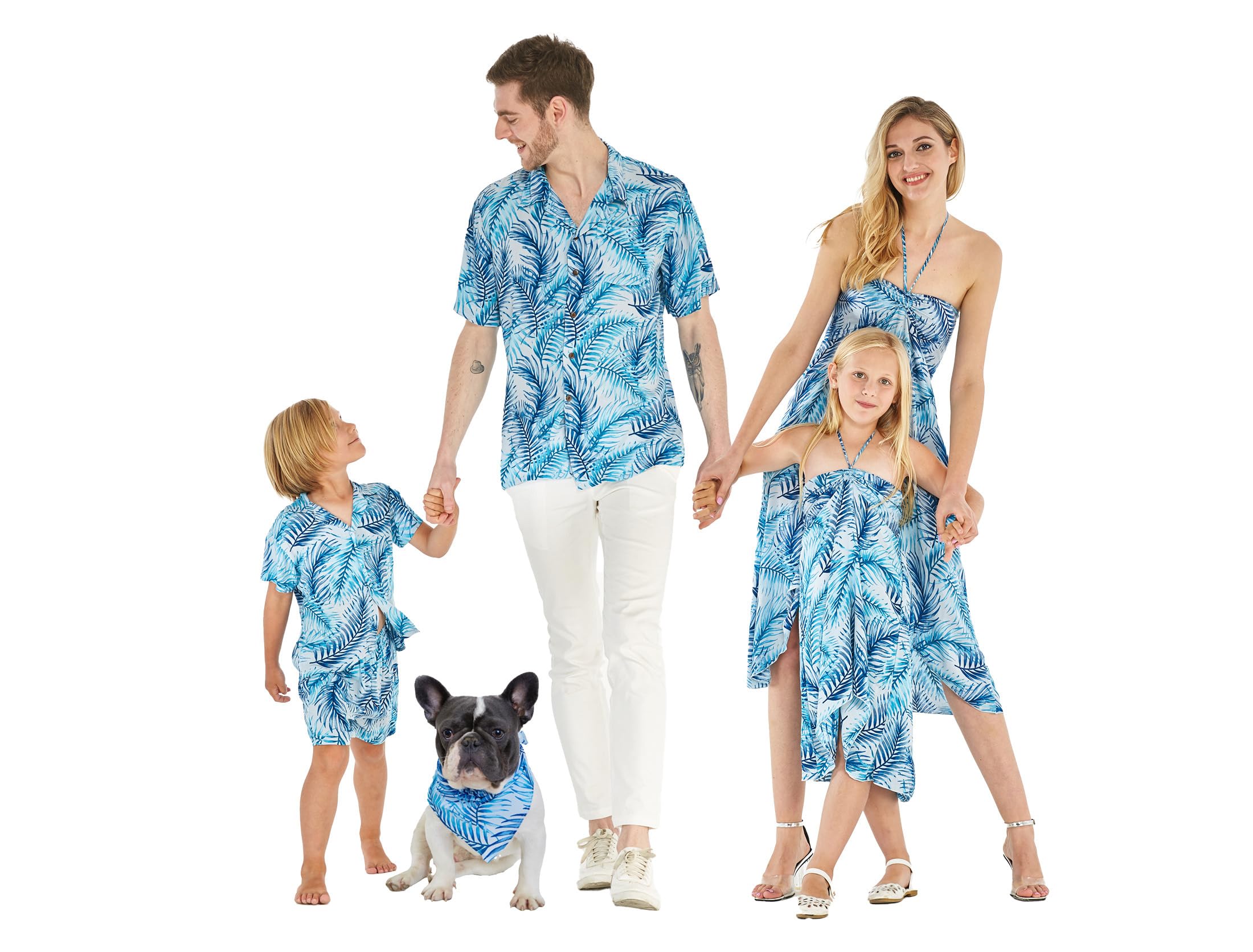 Matchable Family Hawaiian Luau Men Women Girl Boy Clothes in Simply Blue Leaves