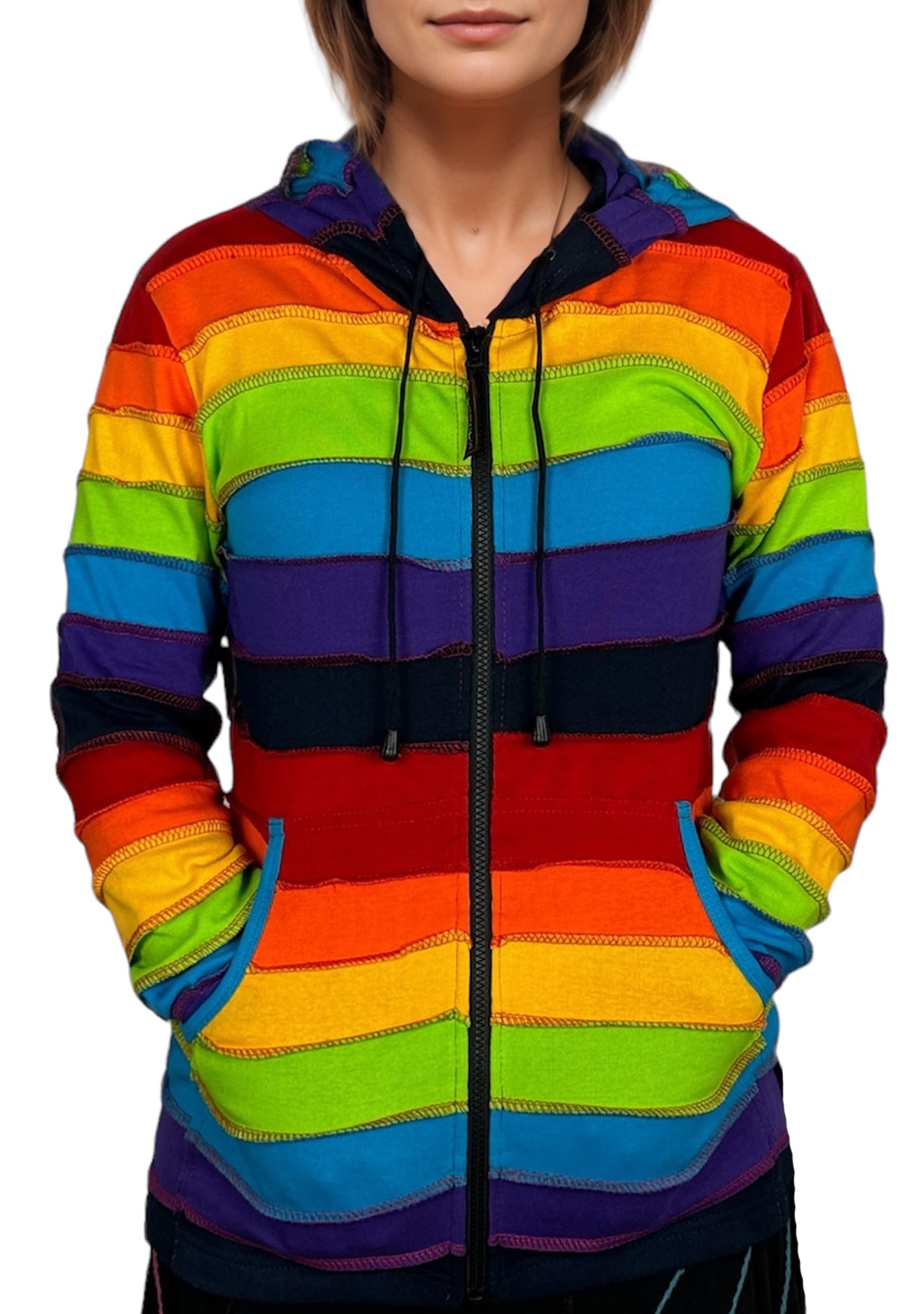 Agan Traders 2026 Winter Rainbow Printed Knit Cotton Lightweight Hoodie - Bohemian Hippie Gypsy Zip Up Jackets for Women