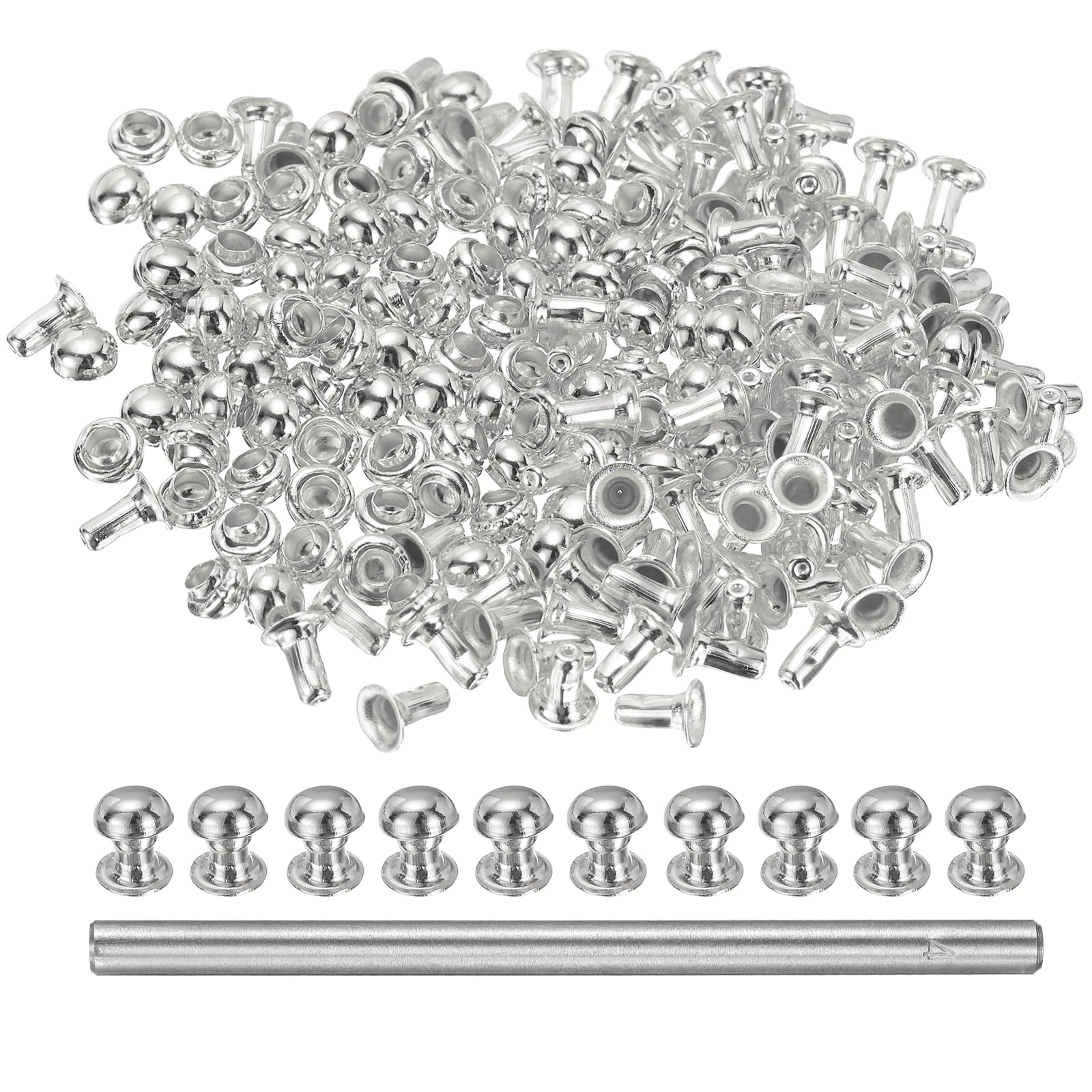 sourcing map 100pcs Round Dome Leather Rivets 4mm Leather Rivets Rapid Punk Spikes Leathercraft Decoration with Hole Punch for Rock Nailheads Clothing Belts Bags Shoes, Silver