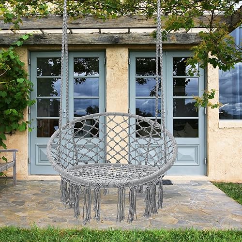 Miniatura 2 de Garpans Hamaca de macramé, estilo bohemio, hamaca con borlas, columpio colgante hecha a mano, cuerda de algodón tejida a mano para interiores y