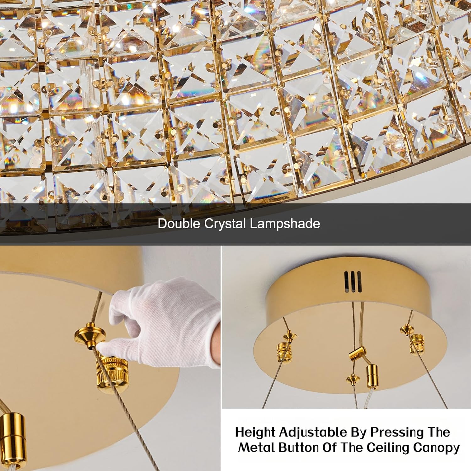 Modern Gold Chandelier 19.7inch Dimmable LED Crystal Chandelier with Remote Control 3000-6000K Crystal Pendant Light Round for Kitchen Island Living Room Bedroom