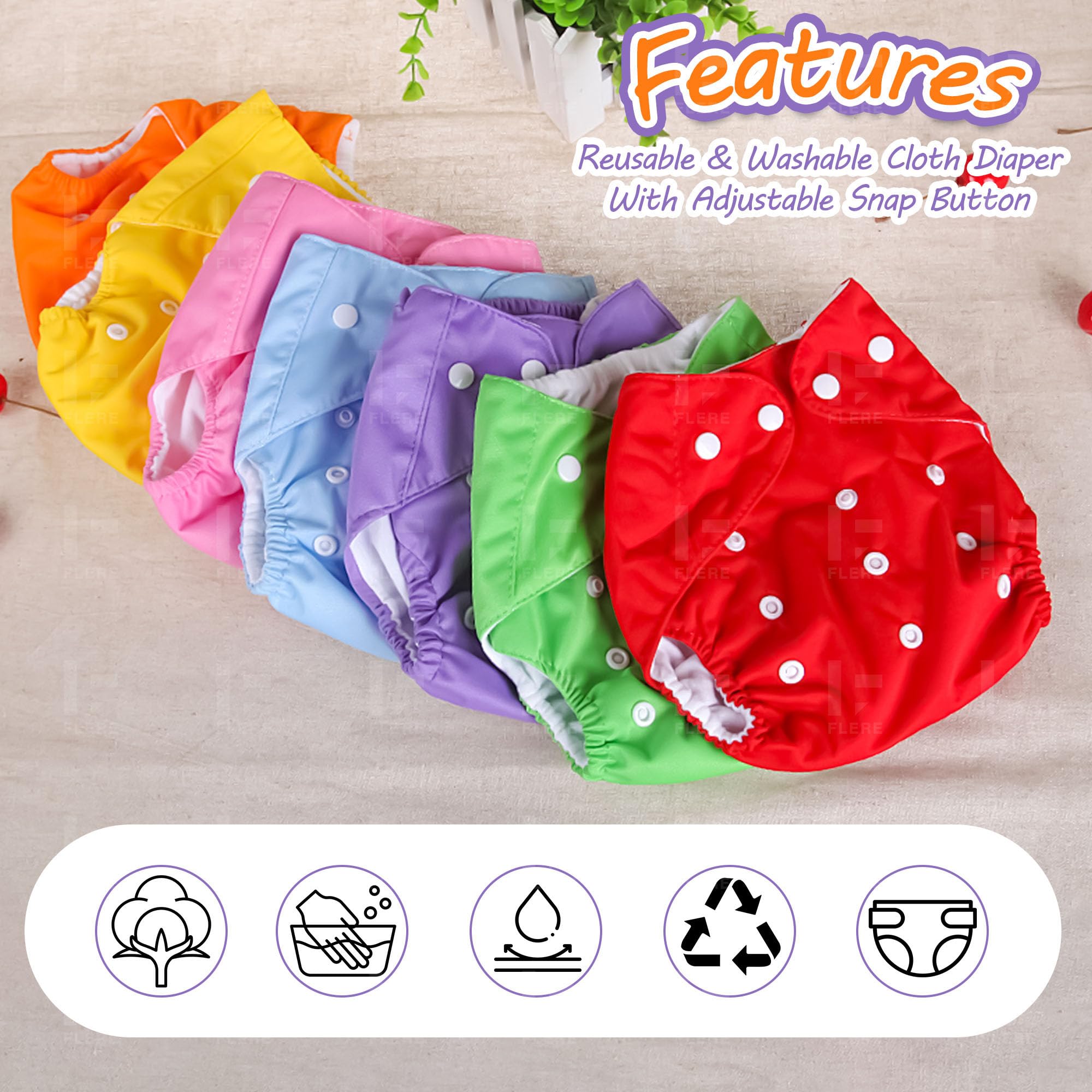 Flere Reusable Baby Cotton Cloth Diapers - Adjustable & Washable with Insert Pads for 0-3 Years | Soft, Waterproof & Eco-Friendly (Multicolor, Pack of 4) - Image 3 thumbnail