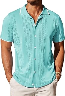 Men's Knit Button Down Shirt Vintage Short Sleeve Polo Shirts Casual Beach Tops