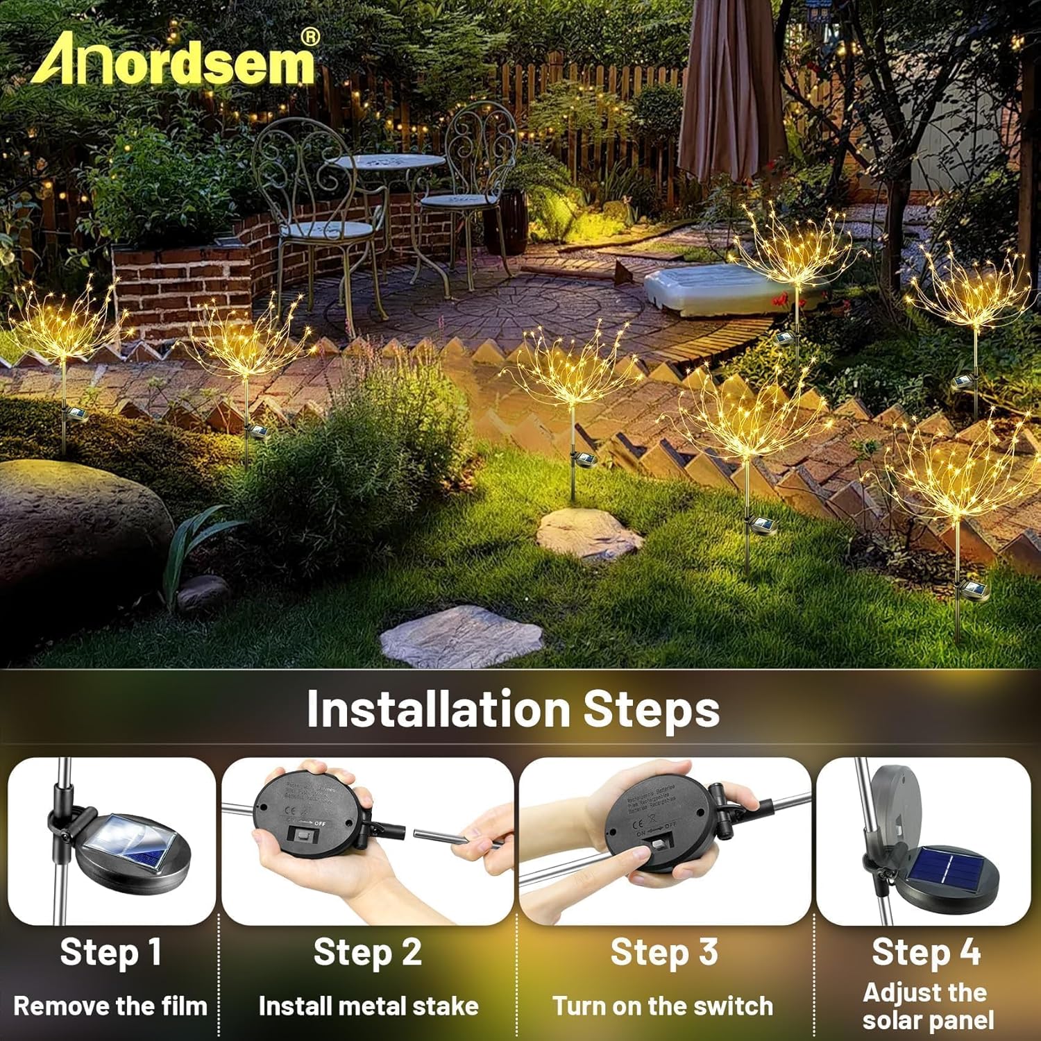 Anordsem Solar Garden Lights Outdoor: 4 Pack Bendable Copper Wire with 120 LED Twinkling Firework - Waterproof DIY Warm Fairy Decorative Yard Patio - Gardening Gifts for Parents Homeowner