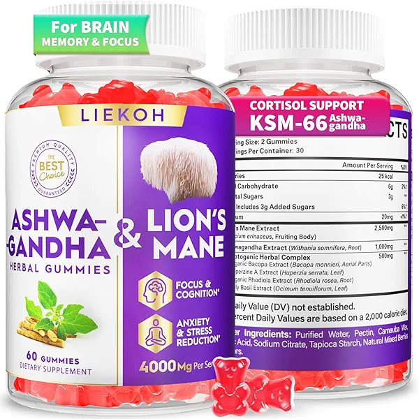 Ashwagandha Gummies - Organic Ashwagandha & Lions Mane Gummies for Adults with 4 Adaptogenic Herb for Stress, Cognitive & Immune Support| Cortisol Supplements for Women & Men, Berry Flavor - 60 Counts