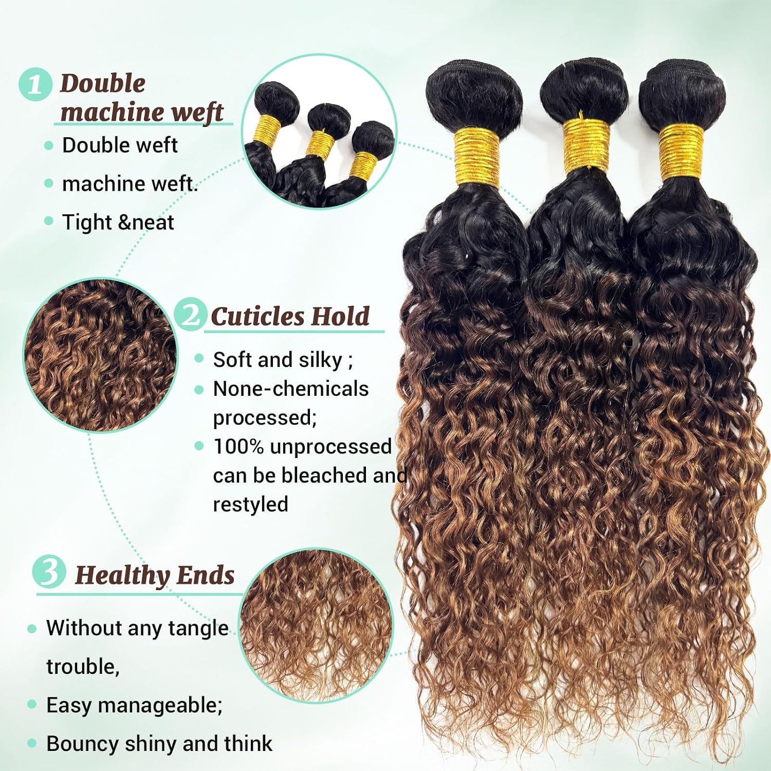 T1B/2/30 Chestnut Brown Ombre Water Wave Human Hair Bundles Virgin Brazilian Water Wave Curly Bundles 12A Wet And Wavy Bundles Human Hair Deep Water Wave Bundles Human Hair Extensions 14 16 18 Inch