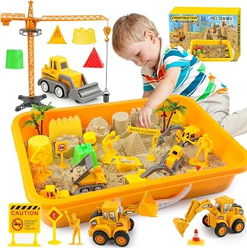 Construction Sensory Bin, Play Sand Construction Set, Beach Building Castle Kit with 2.2lbs Play Sand, 2 Take-Apart Construction Trucks, 5 Small Toy Trucks and Signs, Preschool Learning Activity Gift