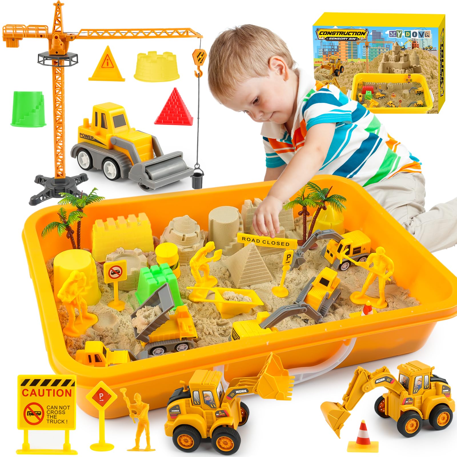 Magic Sand Sensory Toy, Edificio Sensory Bin, Trattori inclusi, camion giocattolo, modelli di costruzione, lavoratori, cartelli stradali, DIY Art Kit per bambini di età 3 e superiore (costruzione)