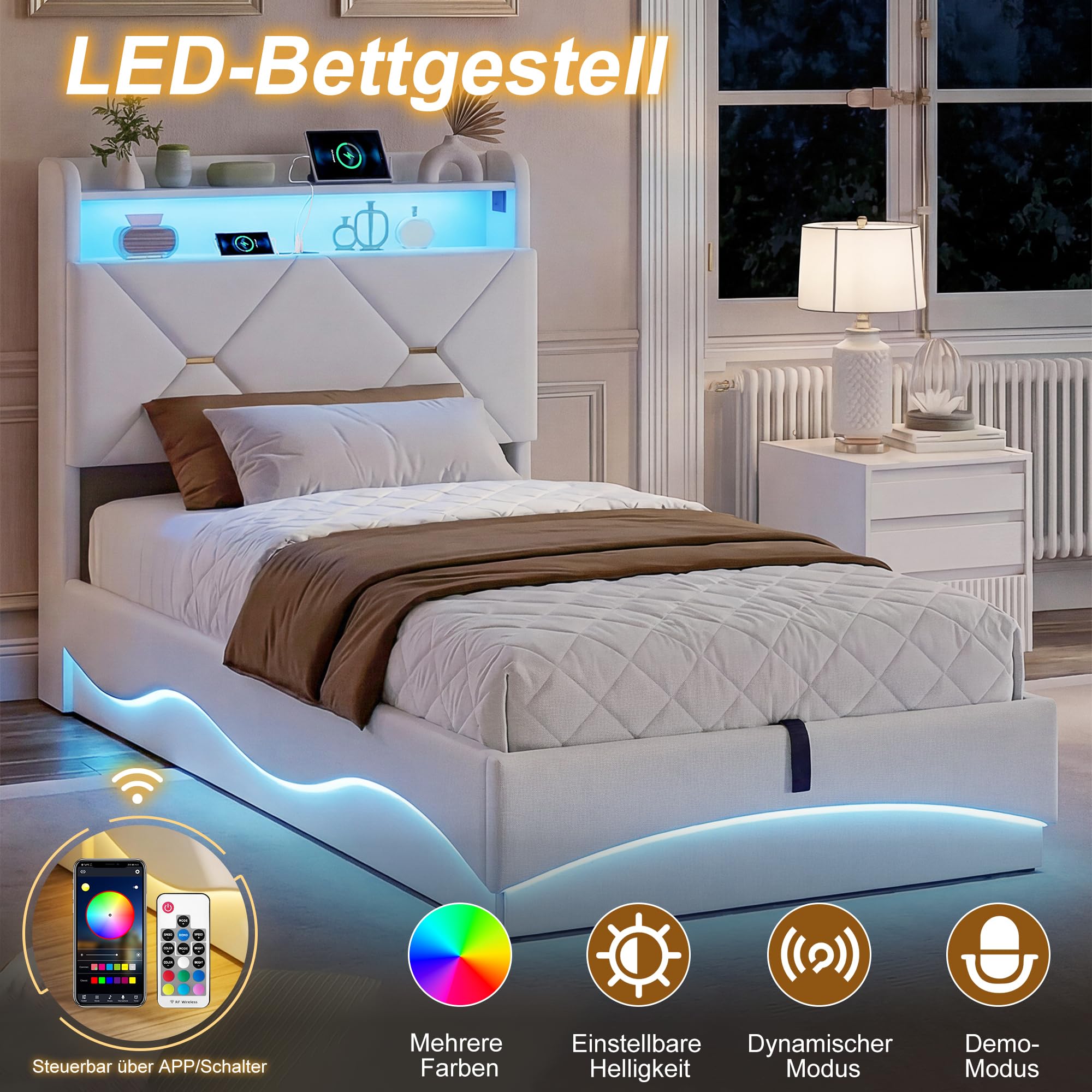 Łóżko bagażowe 90 x 200 z oświetleniem LED i USB, łóżka 1-osobowe z hydraulicznym schowkiem i wyściełanym zagłówkiem, łóżka pojedyncze 90 x 200 ze stelażem na rzepy, (bez materaca)
