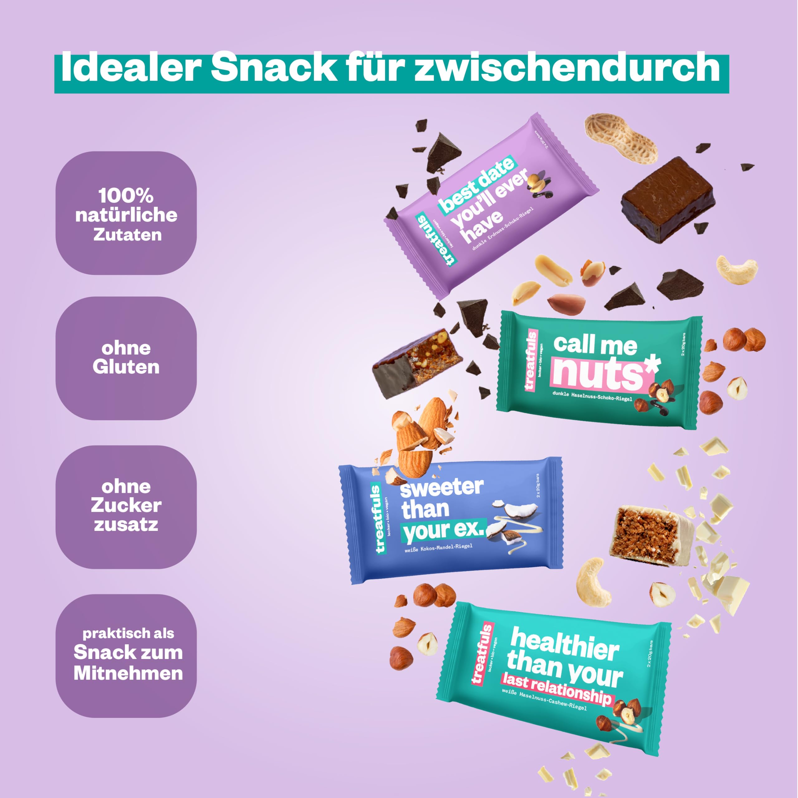 treatfuls vegane Schoko-Riegel - Probierbox - aus Datteln und Nüssen ballaststoffreich - 100% Natürlich & Fairtrade - glutenfrei - 16 x 40g