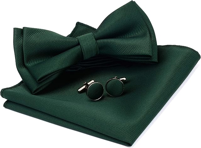Gusleson Mens Solid Color Two Layer Pre-tied Bow Tie and Pocket Square Cufflink Set with Gift Box