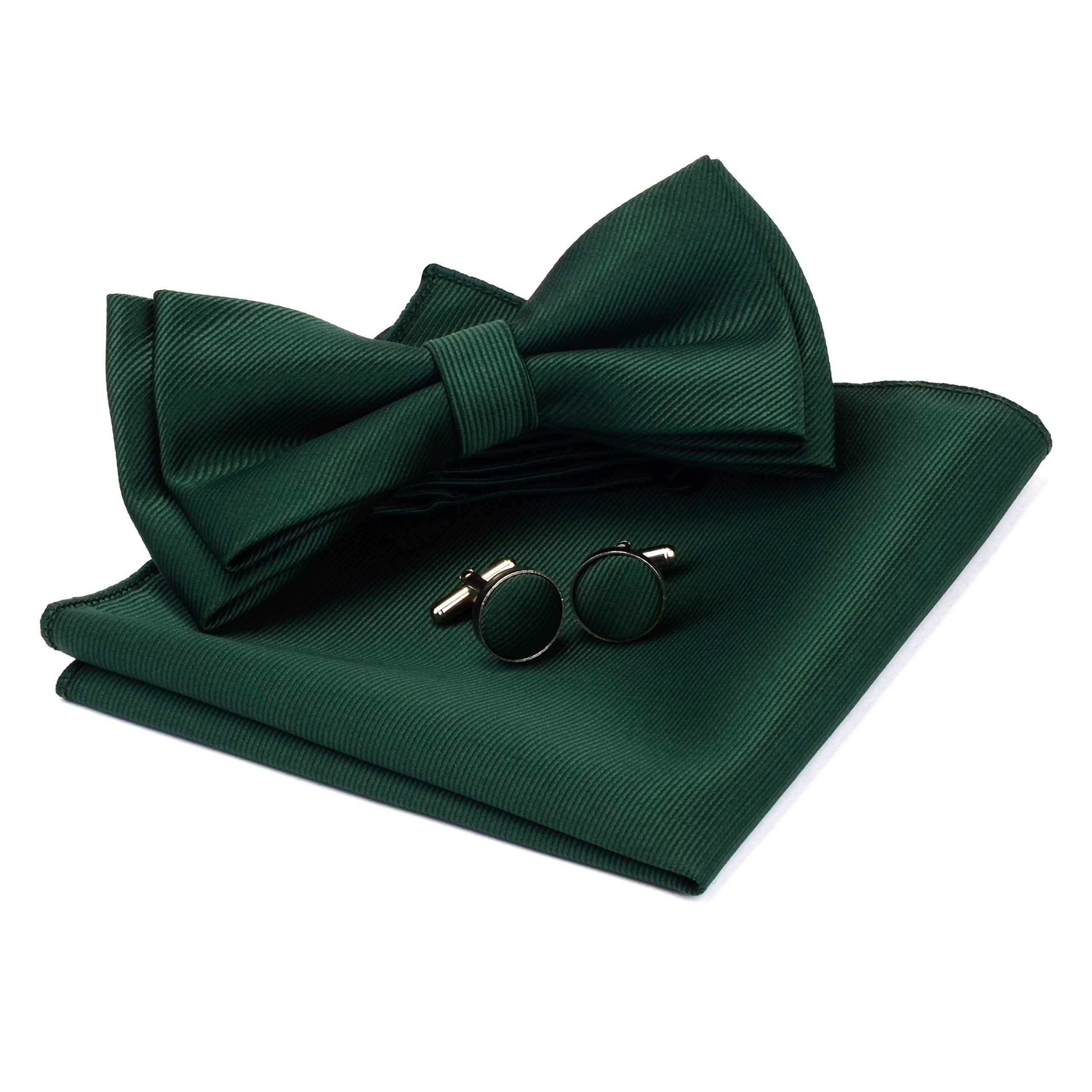 GuslesonMens Solid Color Two Layer Pre-tied Bow Tie and Pocket Square Cufflink Set with Gift Box