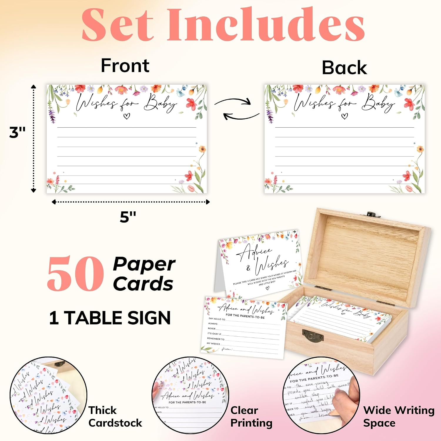 WOODAMORE Wildflower Baby Shower Advice Cards with Box, for Parents to Be image 2