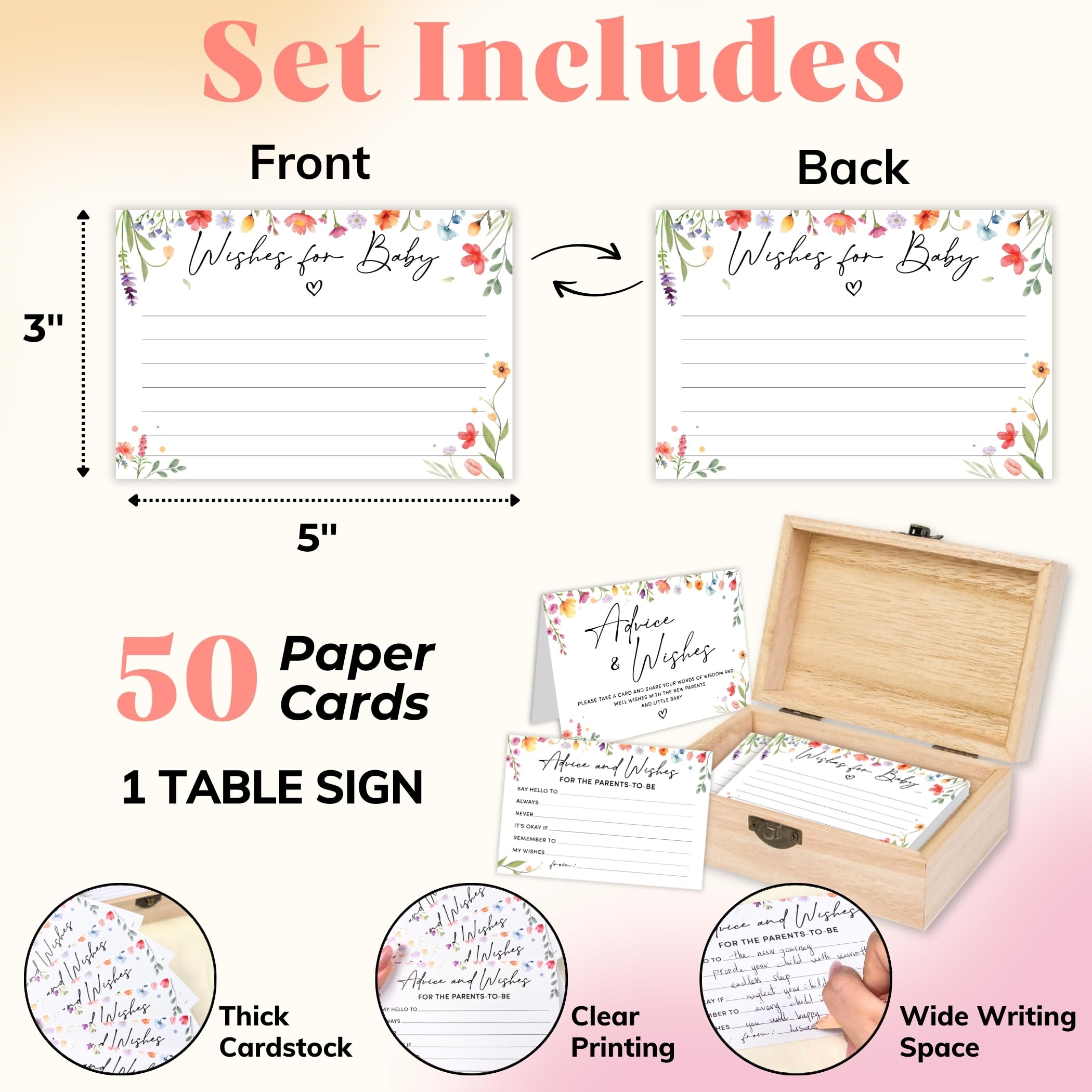 Woodamore Baby Shower Advice Cards For Parents To Be - Wildflower Baby Shower Decorations, Advice And Wishes For Baby Cards For Baby Shower Decor With Box, Advice for New Mommy Baby Shower Games.