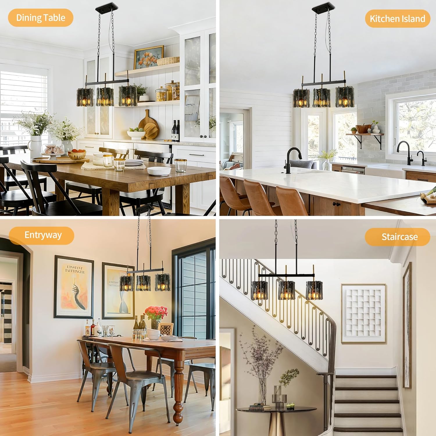 3-Light Smoked Glass Rectangular Chandeliers for Dining Room, Black and Brass Linear Glass Pendant Light Kitchen Island Chandelier Hanging Lighting Fixture with Water Ripple Glass for Living Room