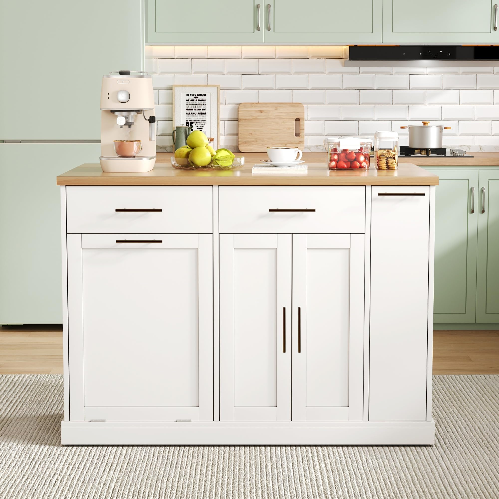 Merax Kücheninsel Freistehend mit Mülleimer, Küchenwagen mit Rollen, Küchenschrank mit Klappbarer Arbeitsplatte, 4 Gewürzregal, 2 Schubladen, Mülleimer Schrank für Küche, 120x70x93,5cm, Weiß