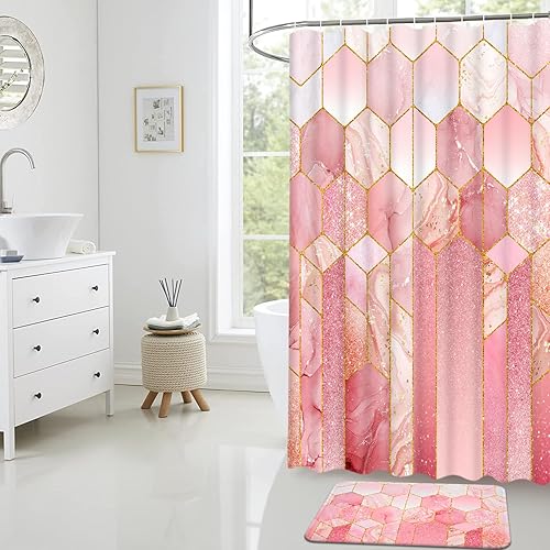 Miniatura 2 de Alishomtll Juego de baño de mármol rosa con cortina de ducha y alfombras, juegos de cortina de ducha abstracta de oro rosa con alfombras, juegos de