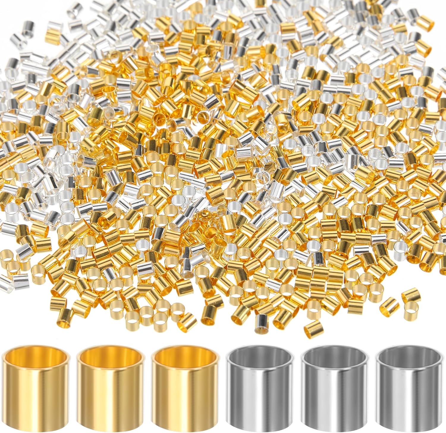 1000pcs Crimp Tubes for Jewelry Making Gold and Silver, 2mm Crimp Bead, Crimps Beads for Jewelry Making, Secure Ends of Strings DIY Craft Bracelet