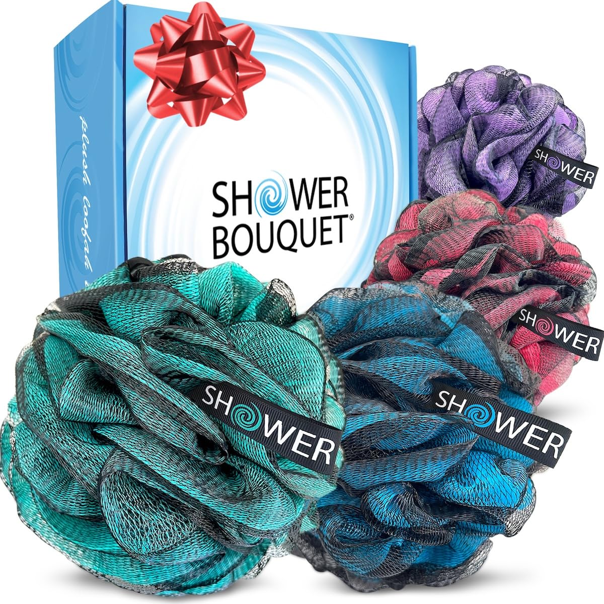 ShowerBouquet XL Charcoal Loofah 4-Pack - Extra Large 75g Mesh Bath Sponges, Activated Charcoal Infused for Deep Clean & Exfoliation