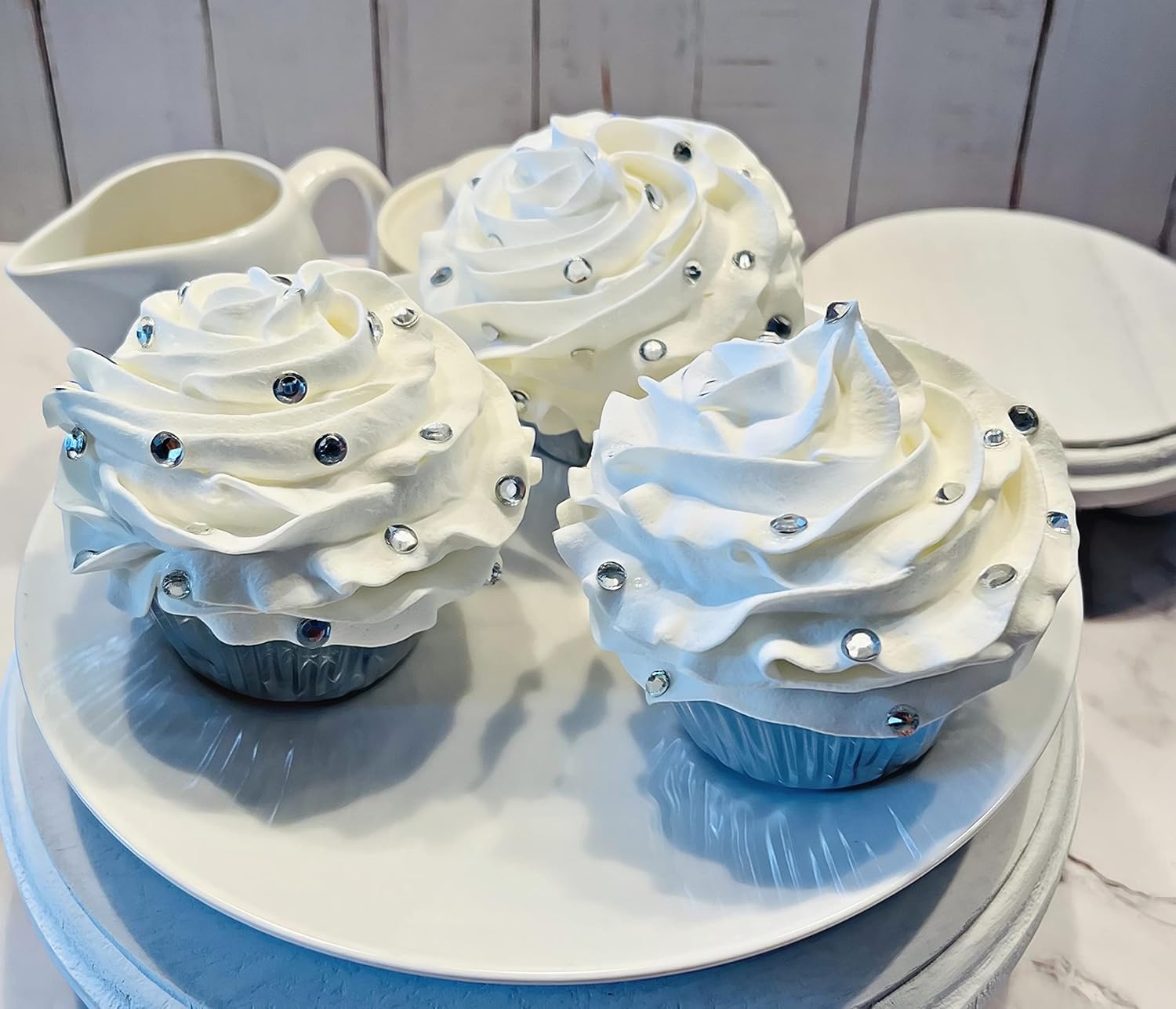 Fake Cake Cupcakes-White Bling Cupcakes - Set of 3- Handmade by Dezicakes- Fake Cake -Artificial Cupcakes