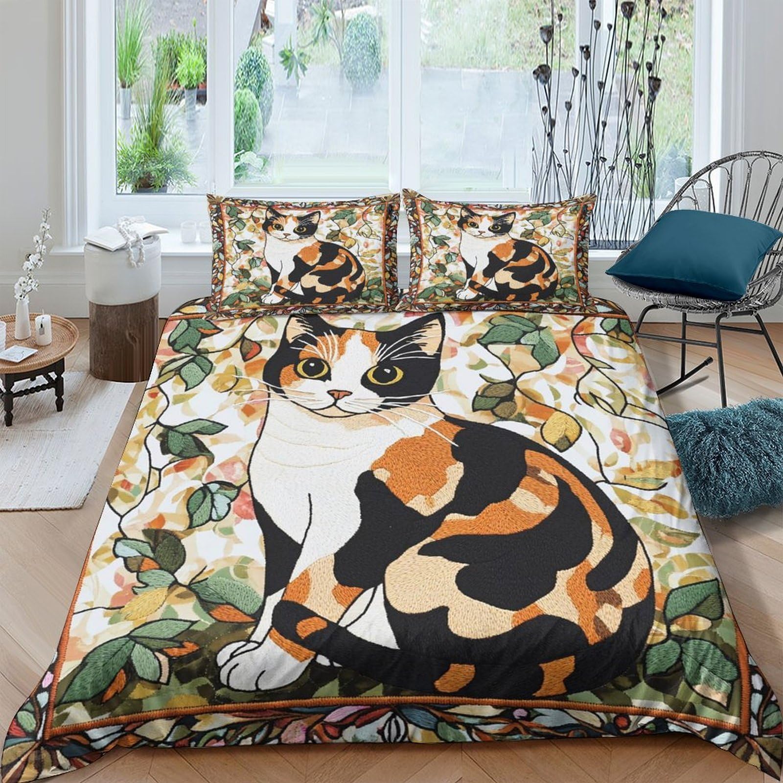 Ctjqhvkz Style-8 3D Printed Calico Cat Fitted Sheet Microfiber Soft Anti-Slip Autumn Leaves Bed Cover For Bedroom Dorm Decor Single（135X200cm）