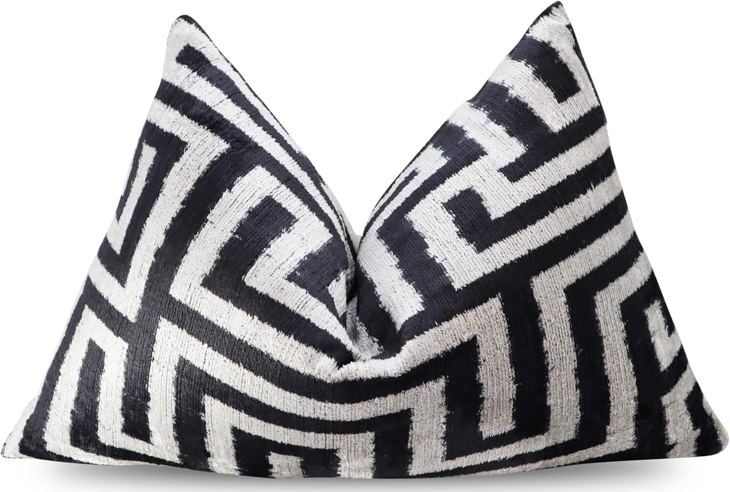 Canvello Luxury Decorative Velvet Throw Pillow 16x24 - Black & White Geometric Maze Pattern with Premium Down Feather Fill