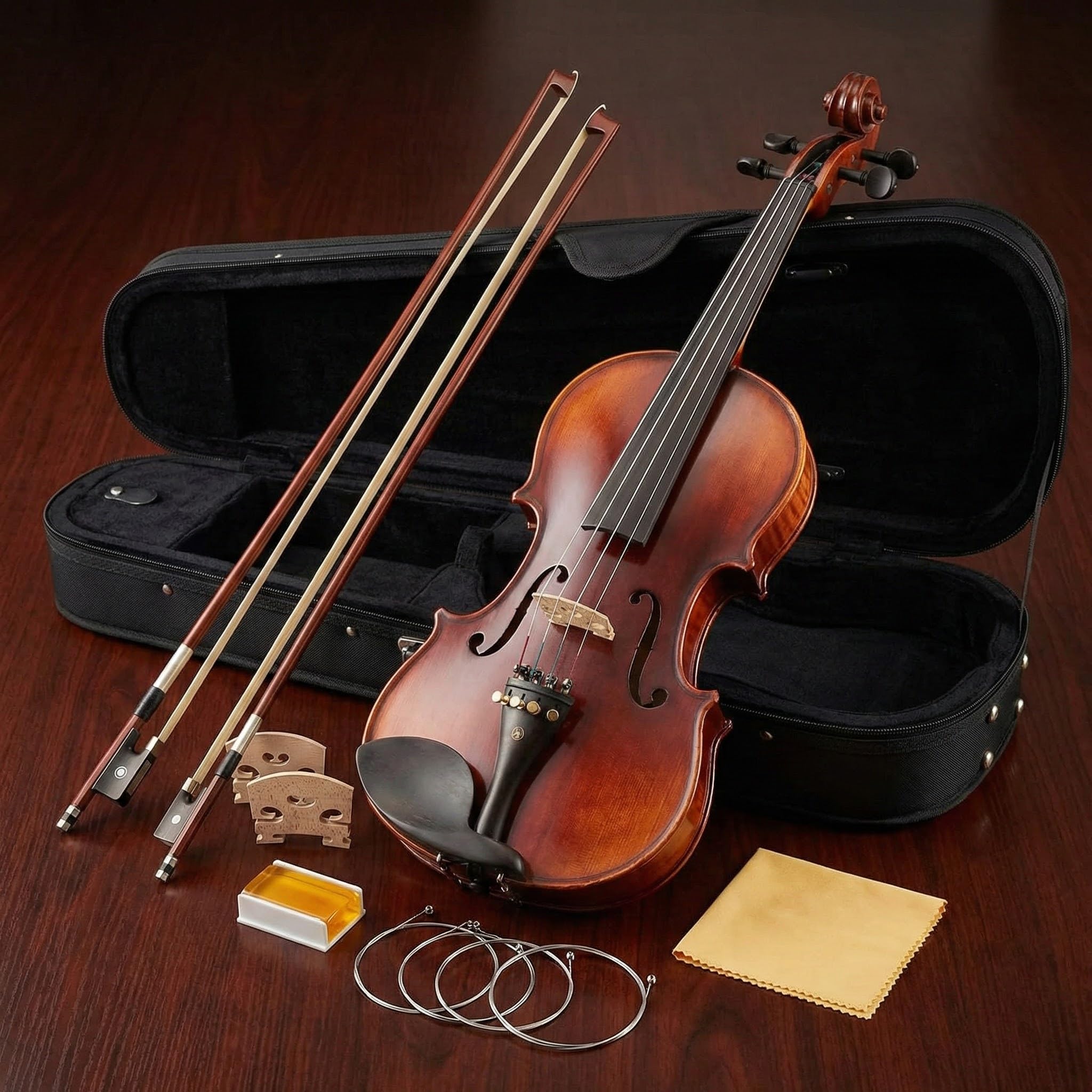 MV500 4/4 Violine für Anfänger - Vollständiges Starterset für Erwachsene mit Koffer, 2 Bögen, 2 Stegen, Saiten, Kolophonium & Pflegezubehör