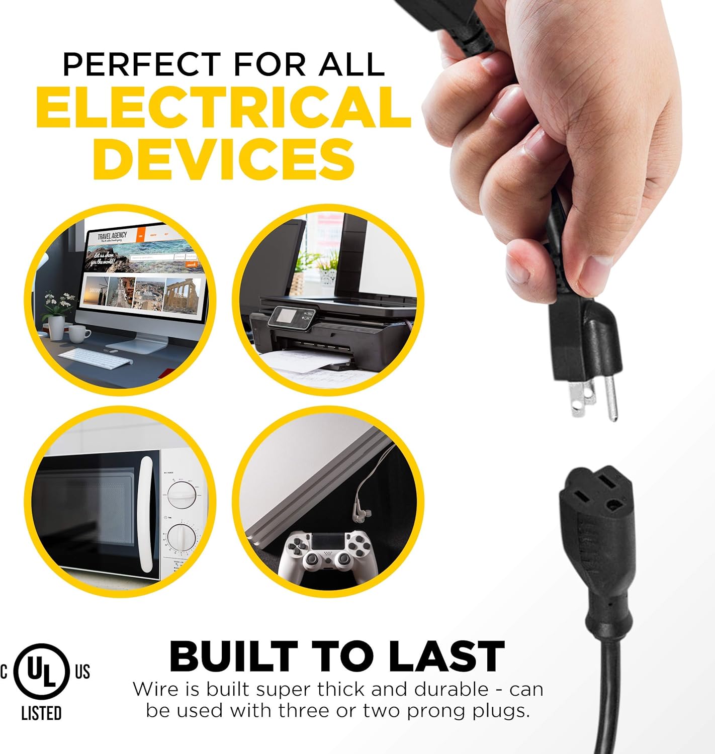 2 Way Splitter Extension Cord, 3 Prong Double Outlet Power Cord, 16 AWG, 1 Foot Black, 3 Pack by ClearMax