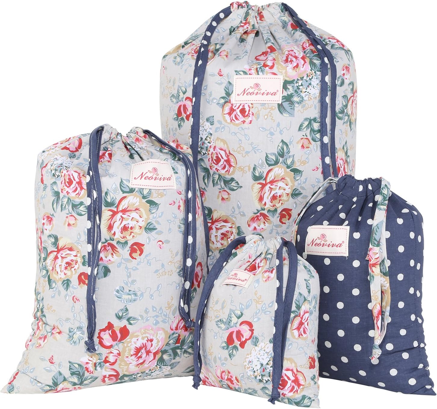 NEOVIVA Cotton Drawstring Bags for Home Organistion and Storage, Set of 4 in Multiple Sizes and Pattern, Floral Quarry Bloom