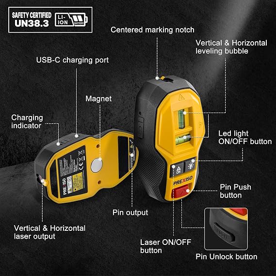 PREXISO 2-in-1 Rechargeable Cross Line Laser Level & Magnetic Nail Detector