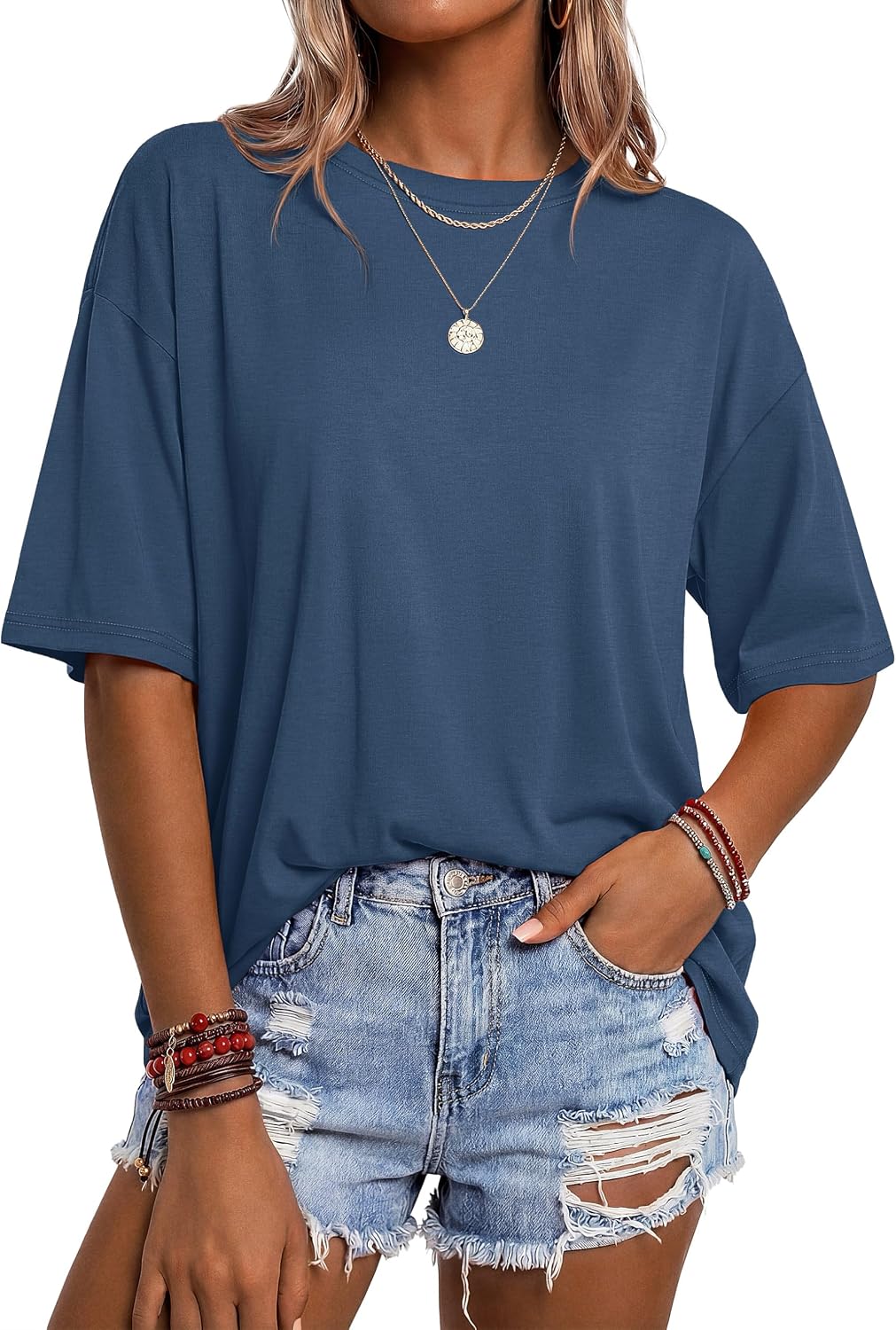 YUCOLEN Womens Oversized Tshirts Short Sleeve Crewneck Casual Loose Fit Basic Tee Cotton Blend Summer Trendy Plus Size Tops
