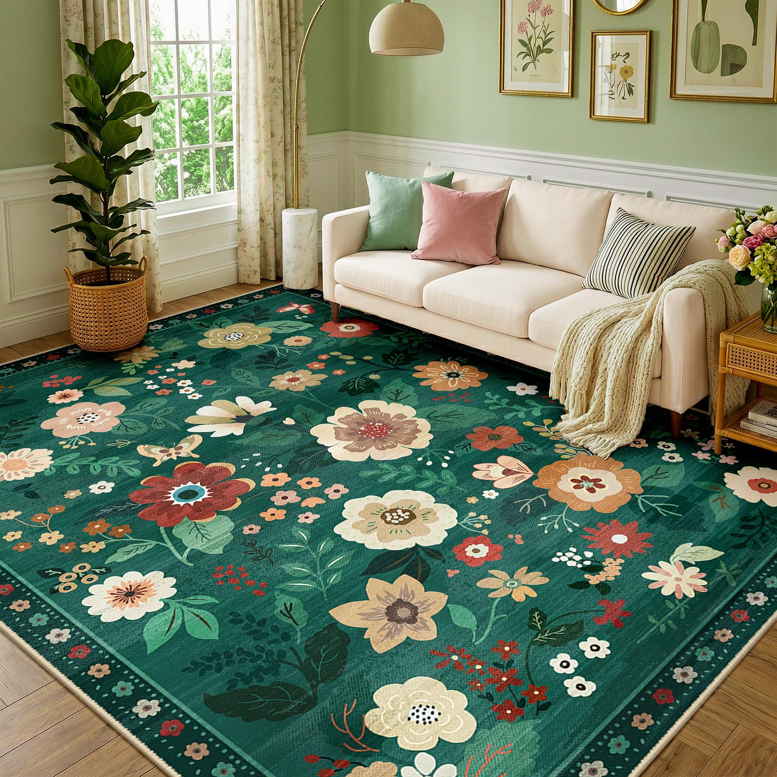 DEFYNEE Machine Washable Rugs Living Room, 240×300cm Floral Rug, Non-Slip Low Pile Boho Vintage Floral Carpet with Printed Design for Kids Room, Bedroom, Kitchen, Entryway, Lounge, Dark Green
