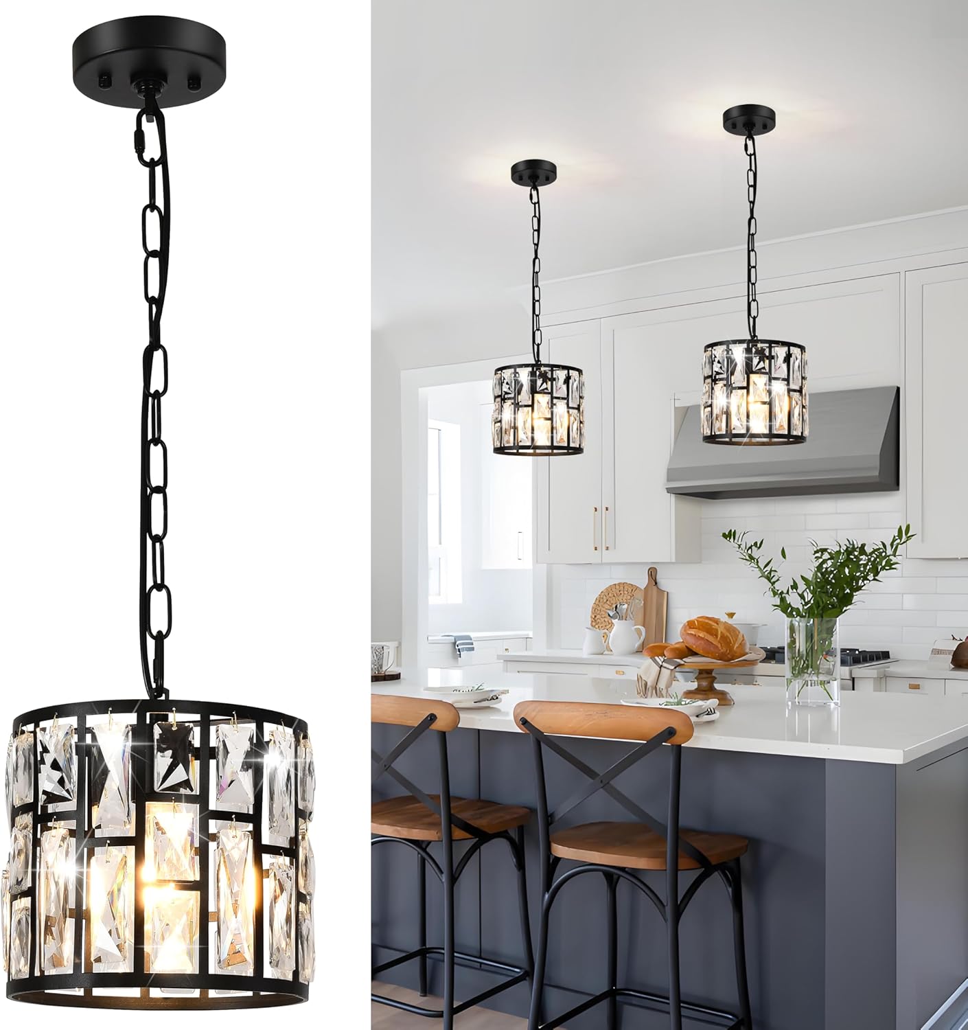 Modern Crystal Pendant Light Fixture, Matte Black Finish Hanging Lighting Crystal Chandelier for Living Room,Kitchen Island & Entryway,Foyer,Hallway