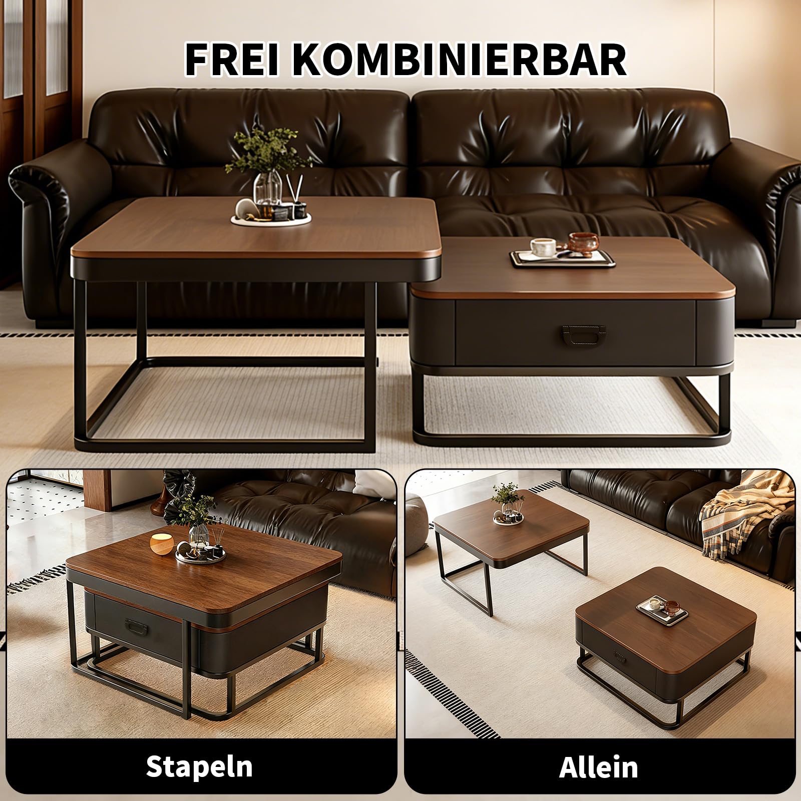 Generisch 2er-Set Kaffeetische, Moderner Ausziehbarer Kaffeetisch, Nussbaum-Kaffeetisch mit Stauraum, Metallgestell, für Wohnzimmer, Schlafzimmer, Nussbaum-Optik