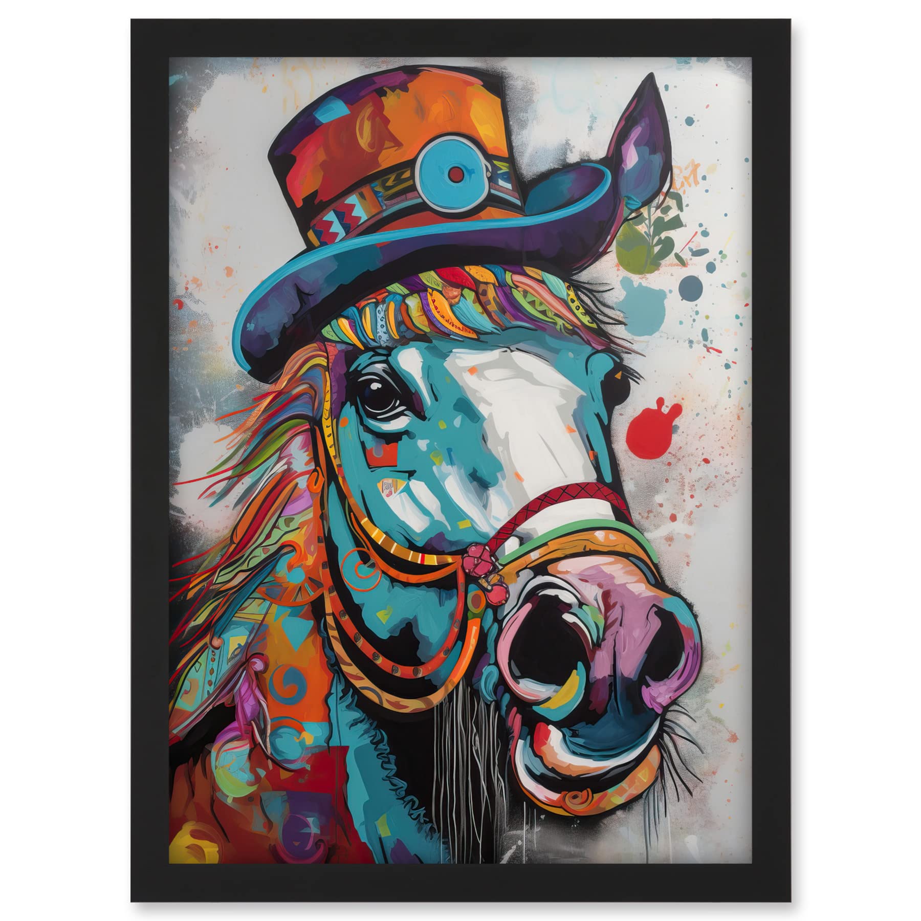 Artery8 Horse Hippie in Multicoloured Bridles and Top Hat Artwork Framed A3 Wall Art Print