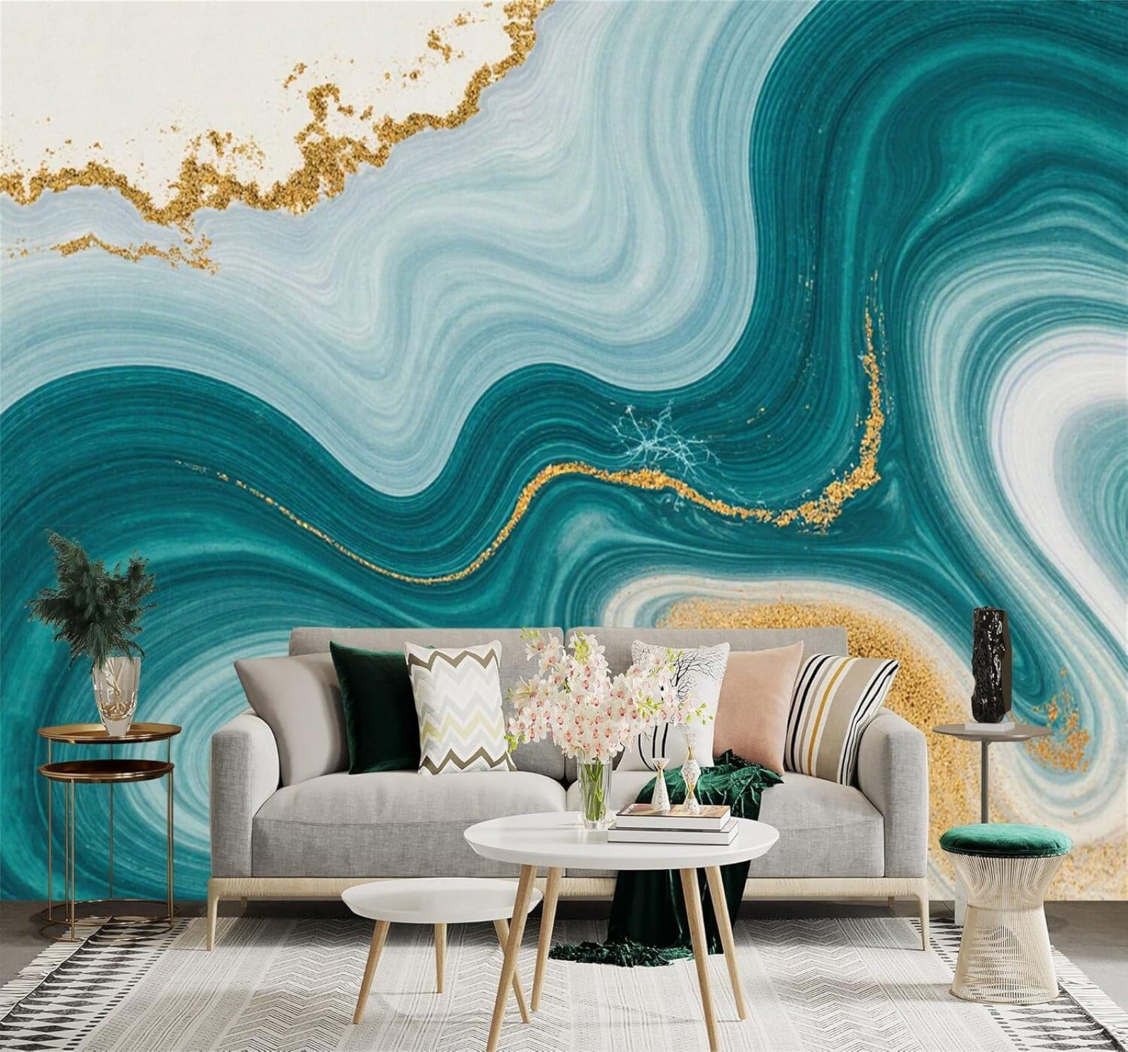 XLMING Abstract Waves Golden Accents Marble Texture 3D Wallpaper Premium Textured Silk Study Dining Living Room Bedroom Sofa TV Wall Easy Install-430cm×300cm