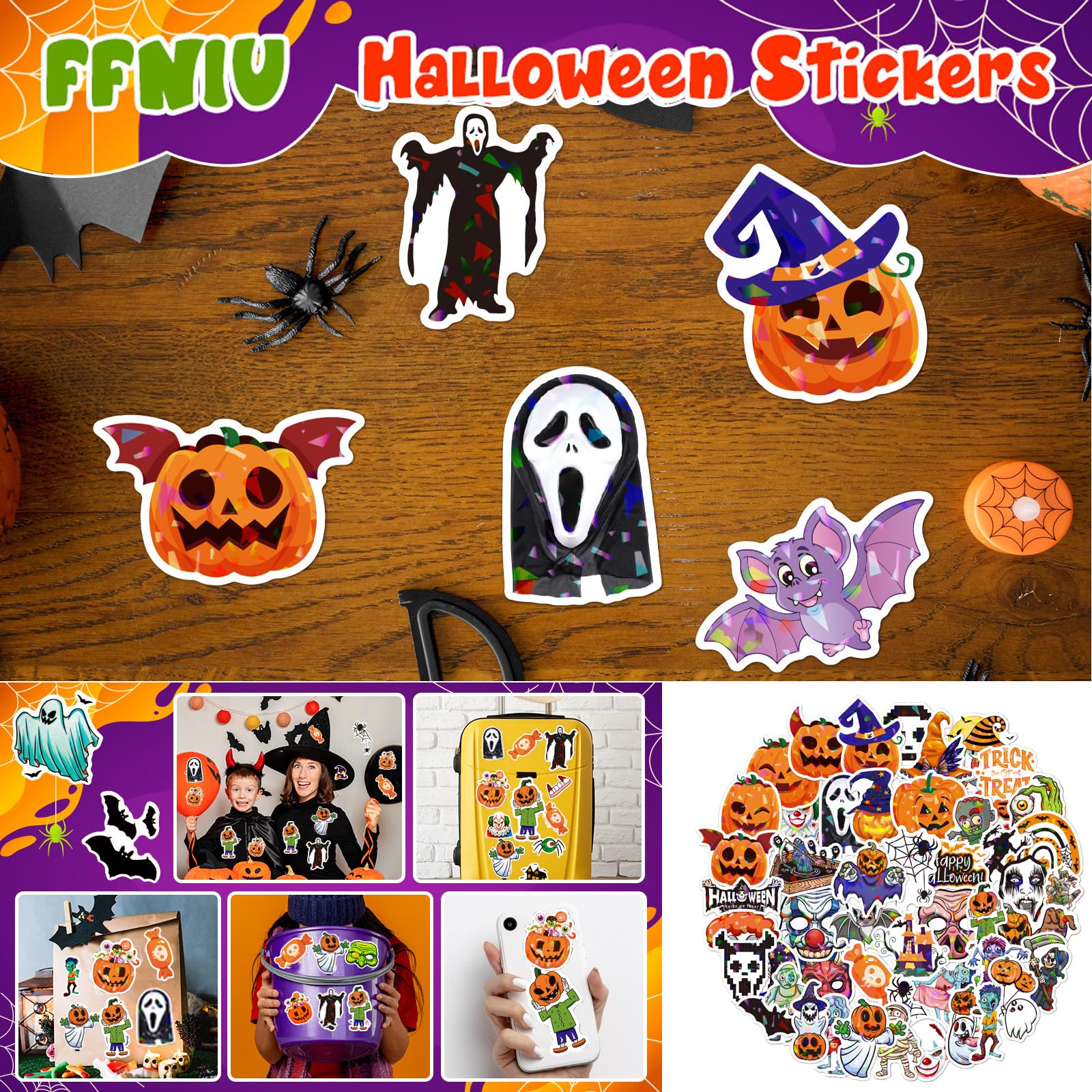 Eowppue 100 Pcs Holographic Laser Halloween Stickers Trendy Waterproof Decals for Luggage Party Decorations - Image 3