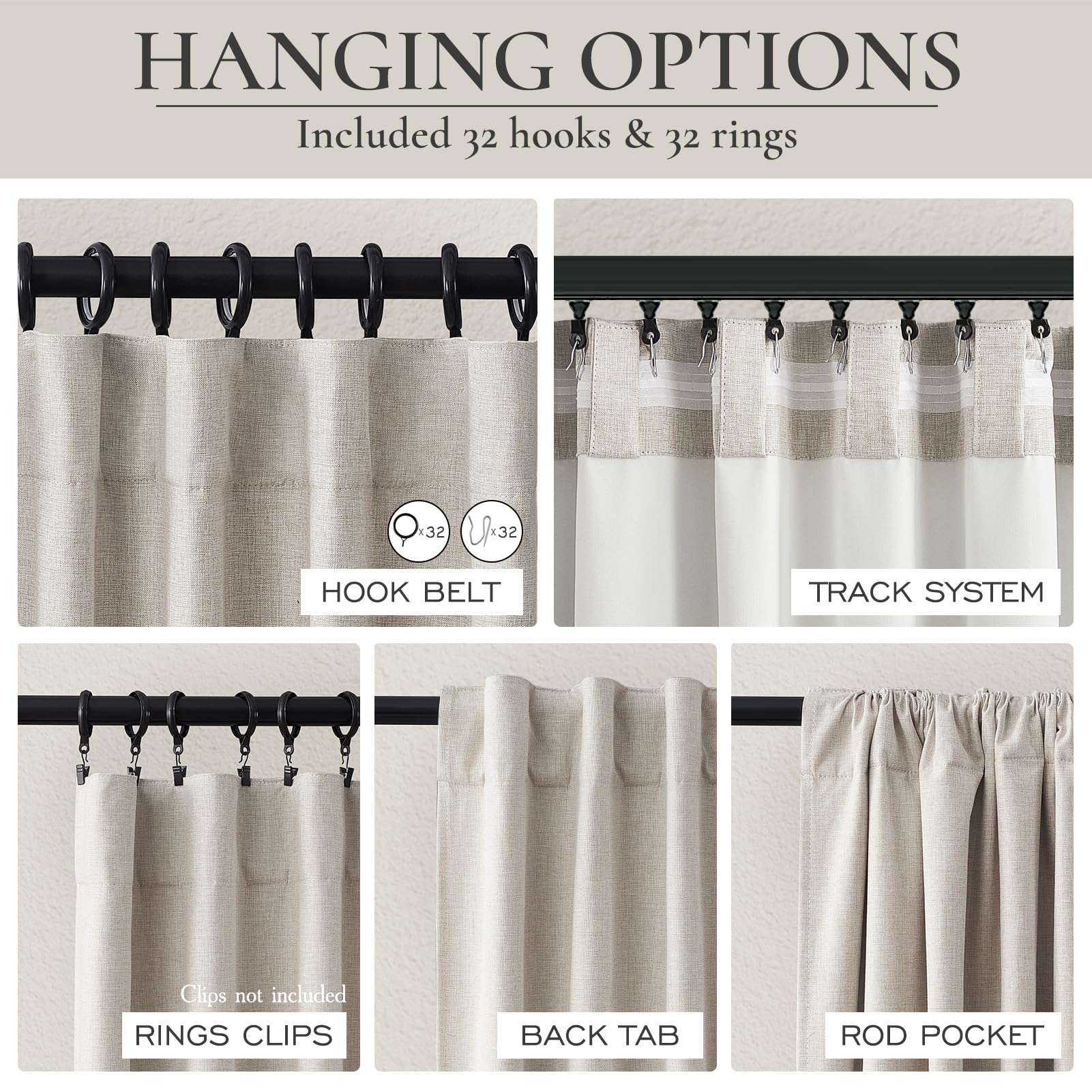 Cortinas 100 % opacas de lino natural de 86 pulgadas para dormitorio, plisadas, con clips de anillo, pestaña trasera, térmicas, hechas a medida, para sala de estar, casa de campo moderna (100 pulgadas
