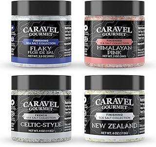 Natural Sea Salt Mega Sampler: Fine Grain, Fleur de Sel, French Grey, Pink Himalayan Sea Salts, 4 oz Jar 4-Pack, Caravel Gourmet