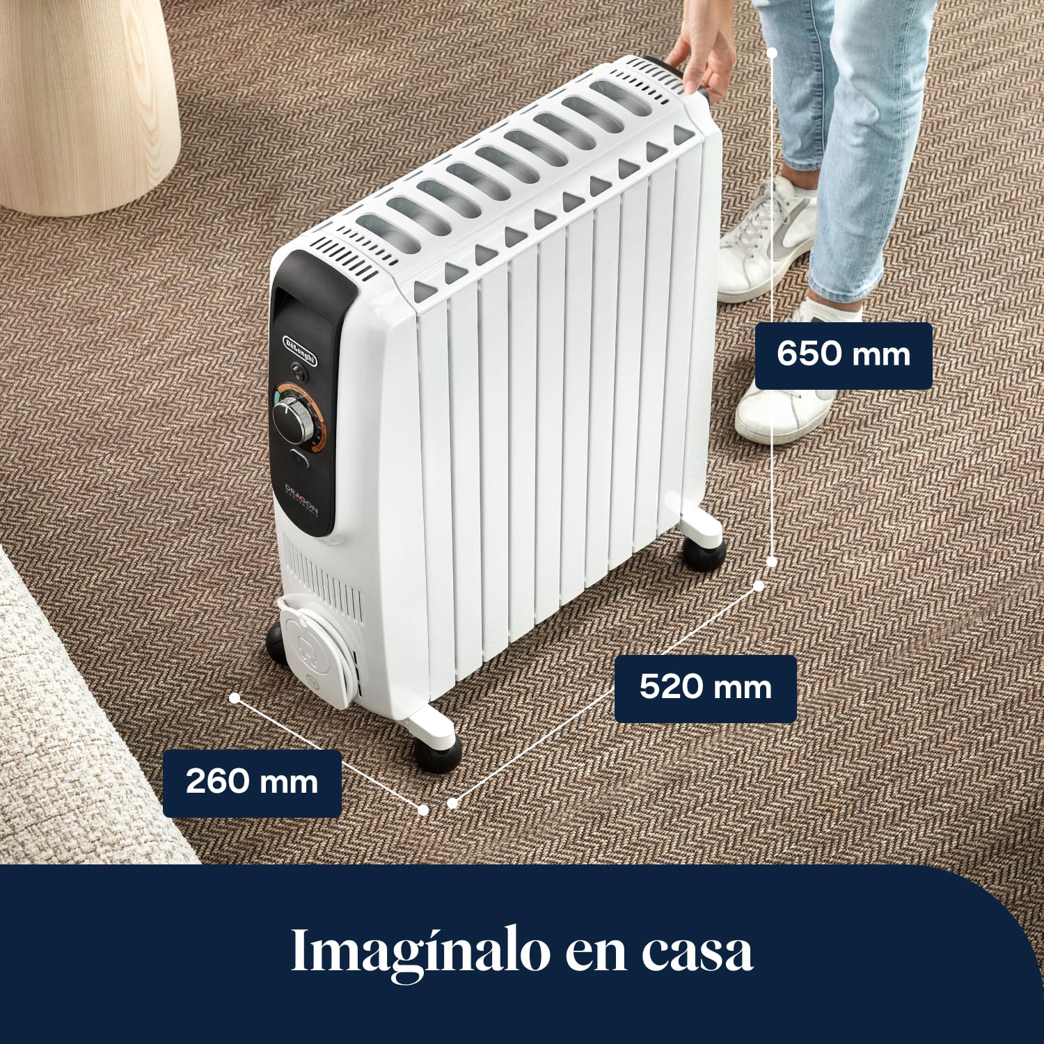 De'Longhi Dragon EasyTronic – Radiador de Aceite para Estancias hasta 75 m³, Calefactor Eléctrico con Termostato de Seguridad, 10 Aletas, Calefacción con 12 Niveles, Portátil, 2500W, Blanco (TRD51025)
