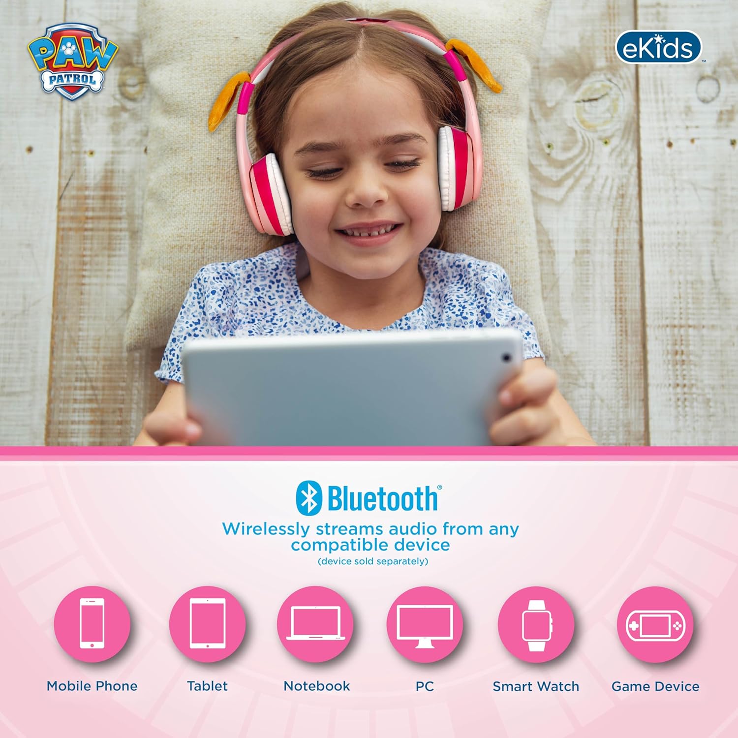 eKids Paw Patrol Skye Liberty Bluetooth Headphones for Kids, Wireless Headphones with Microphone Includes Aux Cord, Earphones for School, Home, or Travel (Paw Patrol Skye Liberty) - Image 4