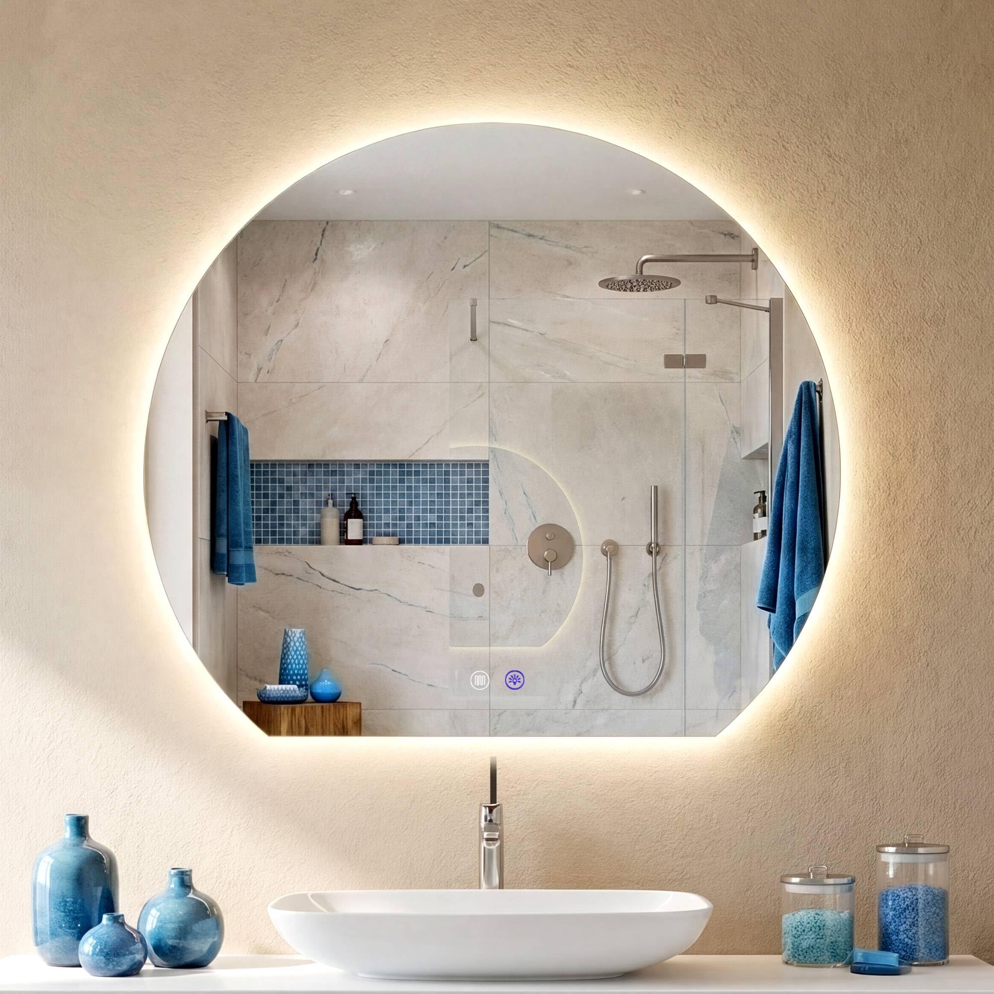 CLP Espejo de Bano LED semicircular, Espejo de Pared sin Marco con Sensor tactil, Regulable, 3 Tonos de luz, antivaho Baloni, Tamaño:Ø 60