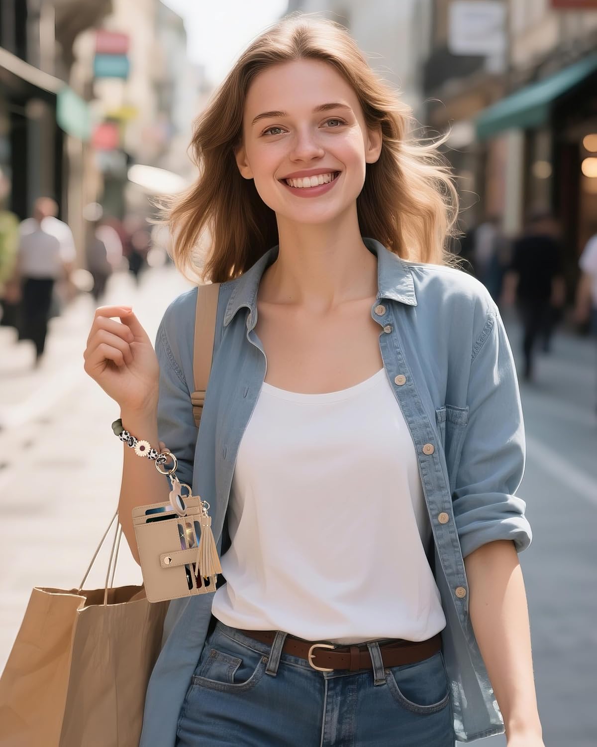 Wristlet Wallets for Women Cute Keychain Wallet with AirTag Holder RFID Small Credit Card Holder Boho Beaded Wallet Keychain Wristlet(Camel) - Image 7