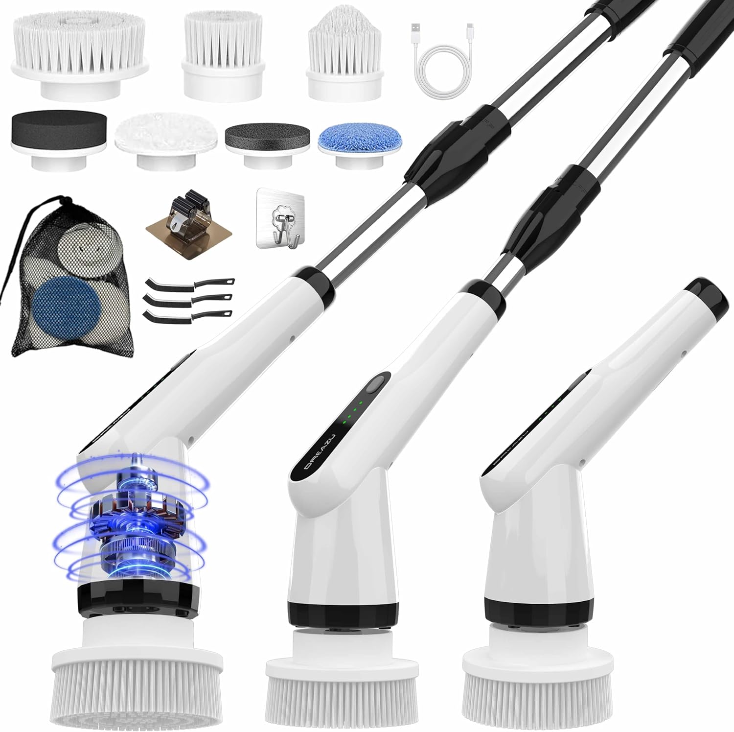 Cepillo eléctrico IPX7 para ducha, cepillo de limpieza eléctrico con 7 cabezales de cepillo reemplazables y mango retráctil, cepillo de limpieza