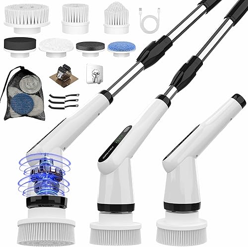 Cepillo eléctrico IPX7 para ducha, cepillo de limpieza eléctrico con 7 cabezales de cepillo reemplazables y mango retráctil, cepillo de limpieza