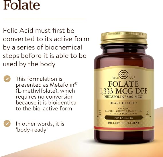 Solgar Folate 1,333 mcg DFE, 100 Tablets - 800 mcg Bio-Active Metafolin - Heart Health - Non-GMO, Vegan, Gluten Free, Dairy Free, Kosher - 100 Servings