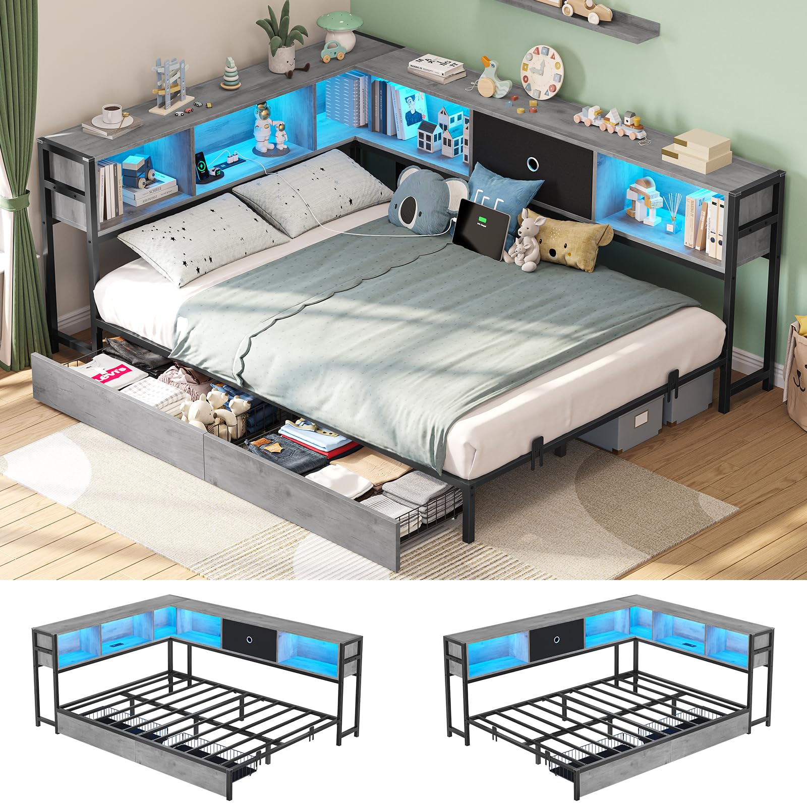 Hasuit Full Corner Bed Frame with Storage Bookcase, Full Daybed with Storage Drawers, Metal Platform Bed with Charging Station and LED Lights, Full Size Bed Frame for Kids and Teen, Gray & BlackThe Forest Stewardship Council